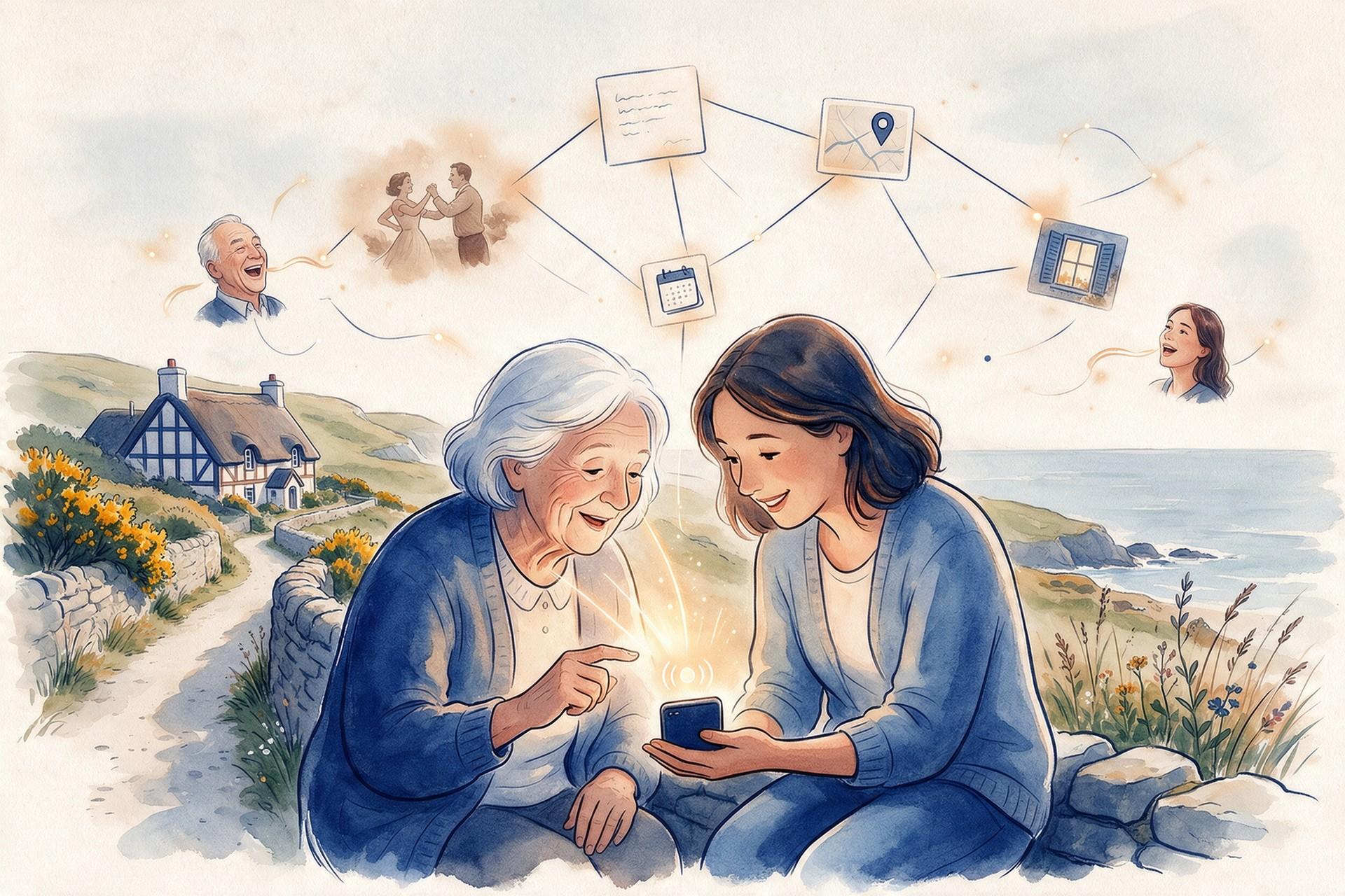 A watercolour illustration of a grandmother and her daughter sitting close on a coastal stone wall, smiling at one phone between them as she tells a story, with a light constellation of memory cards above them and two small unframed portraits of family laughing and talking, painted softly into the sky