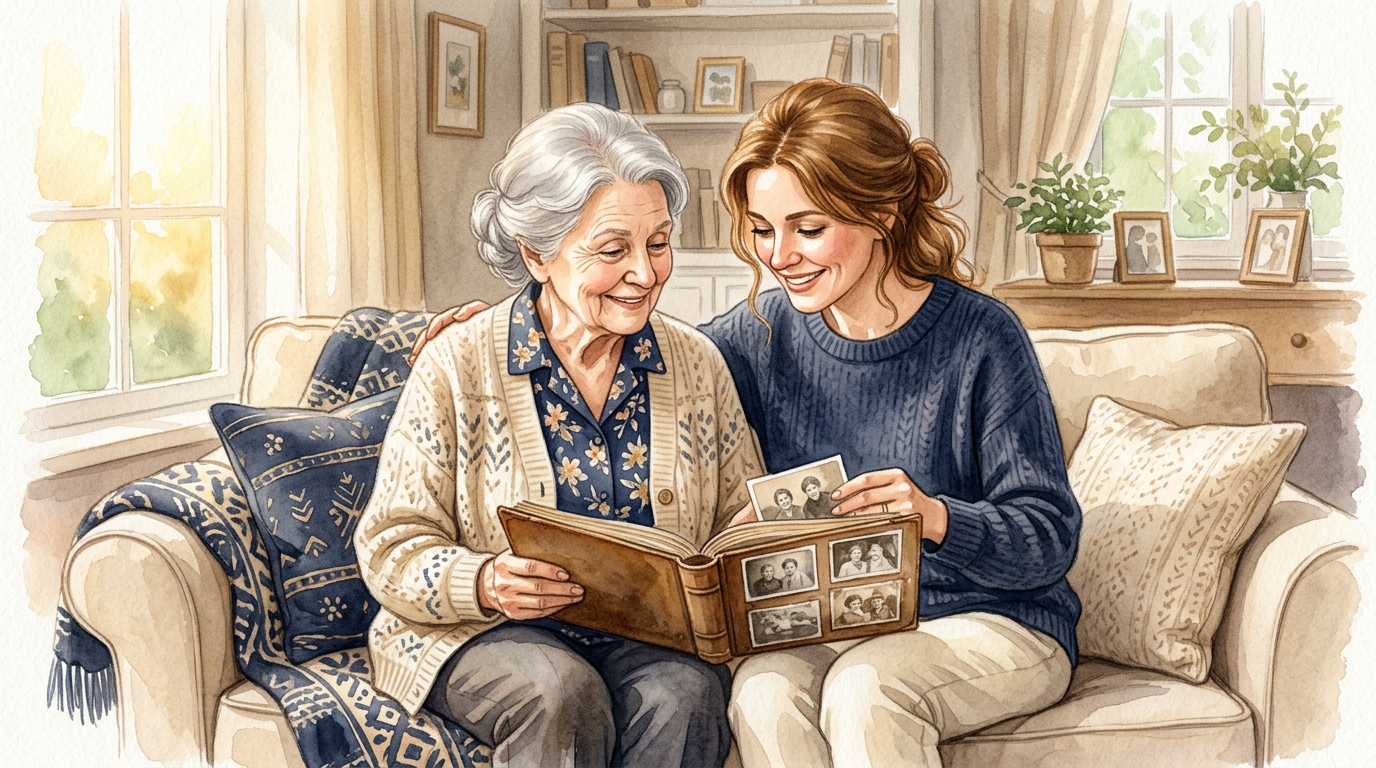 A grandmother and daughter looking through a photo album together