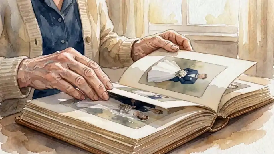A watercolor close-up of aged hands resting on a photo album as a page turns softly