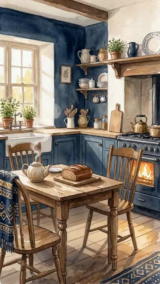 A warm watercolor farmhouse kitchen, steam rising gently from the teapot and the range glowing